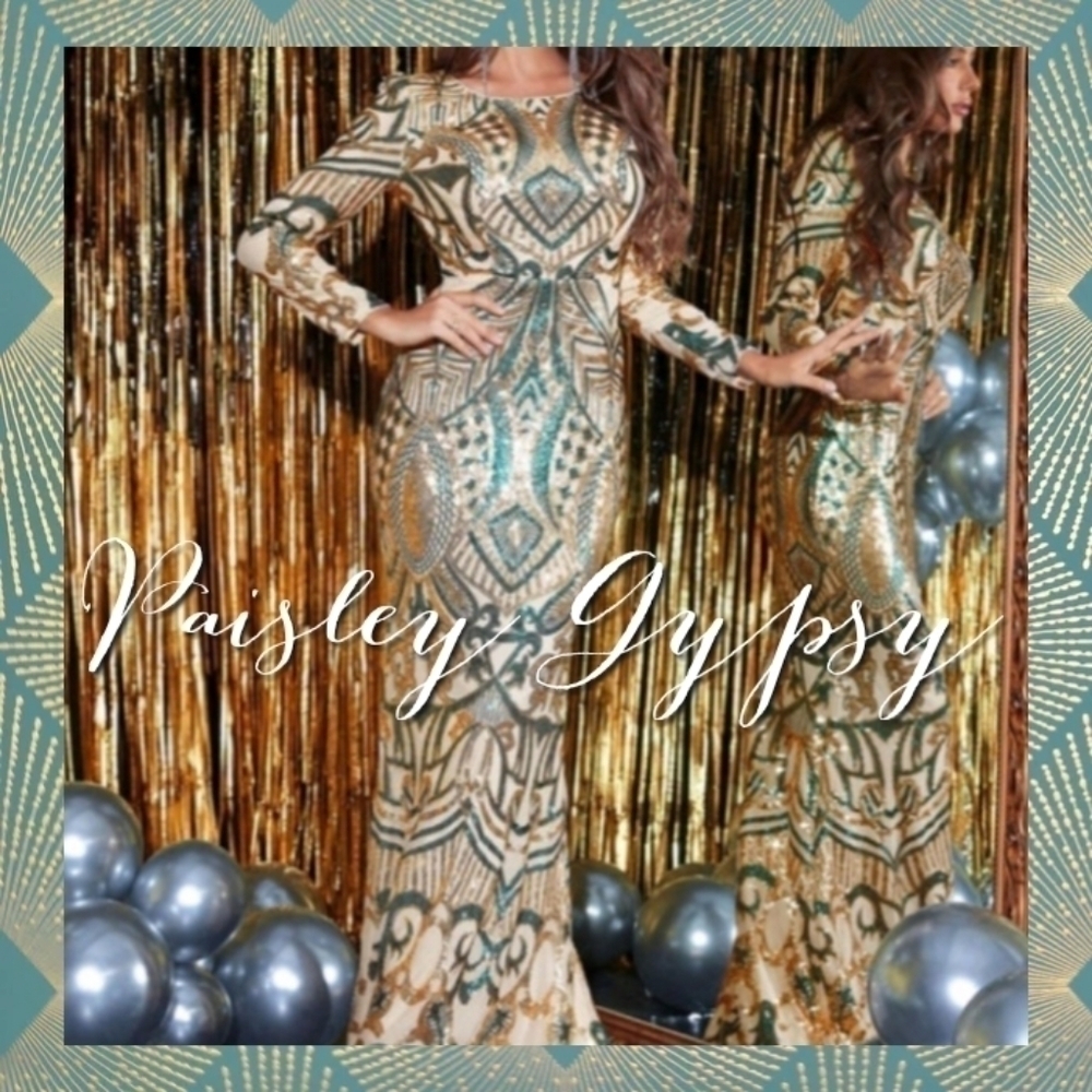 Teal and Gold Long Sleeve Backless Mermaid Contrast Sequin Formal Gown - Picture 6 of 9